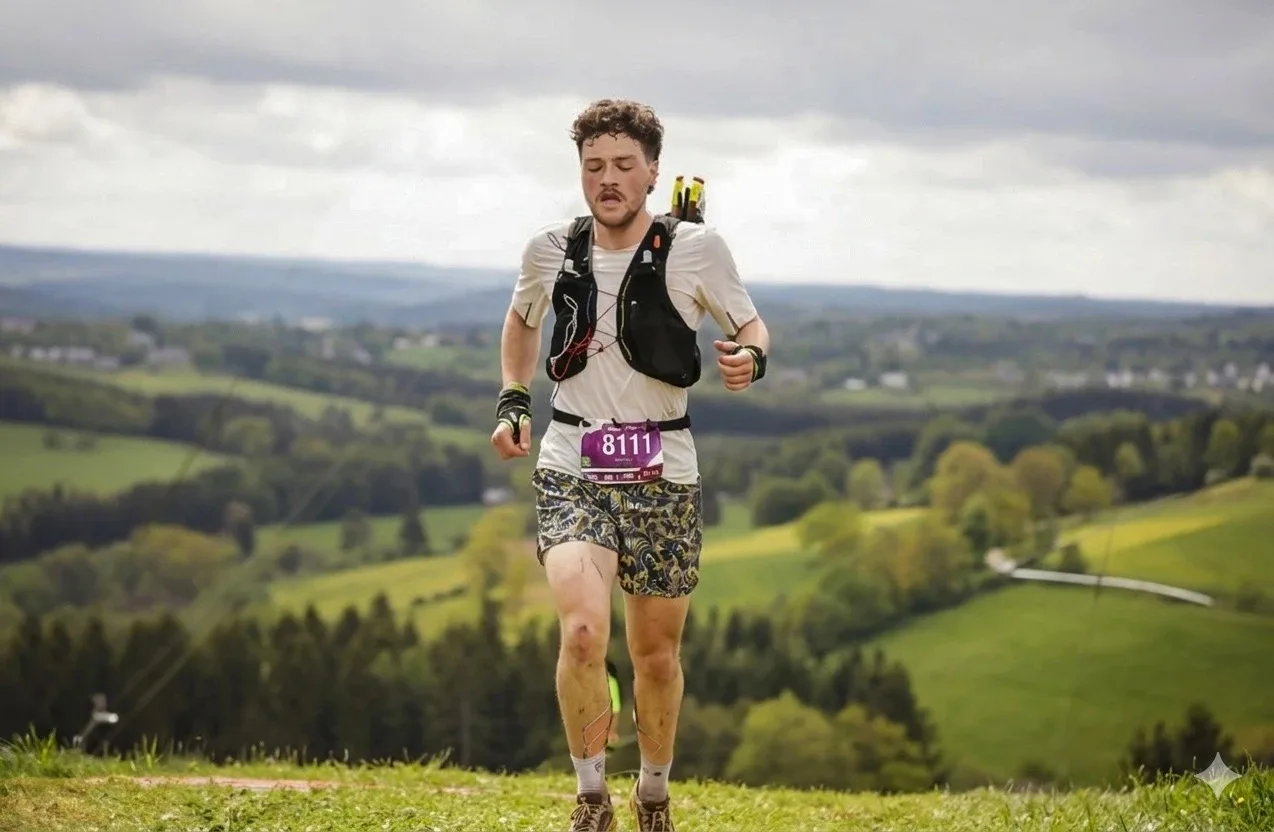 Guillaume en course sur un trail, dans un paysage vallonné