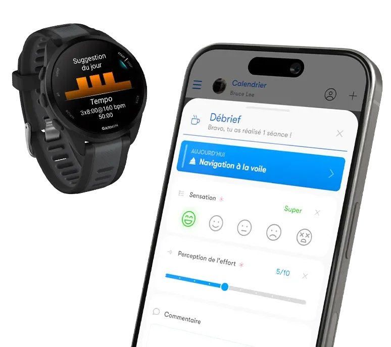Application Nolio sur smartphone et séance du jour sur montre connectée